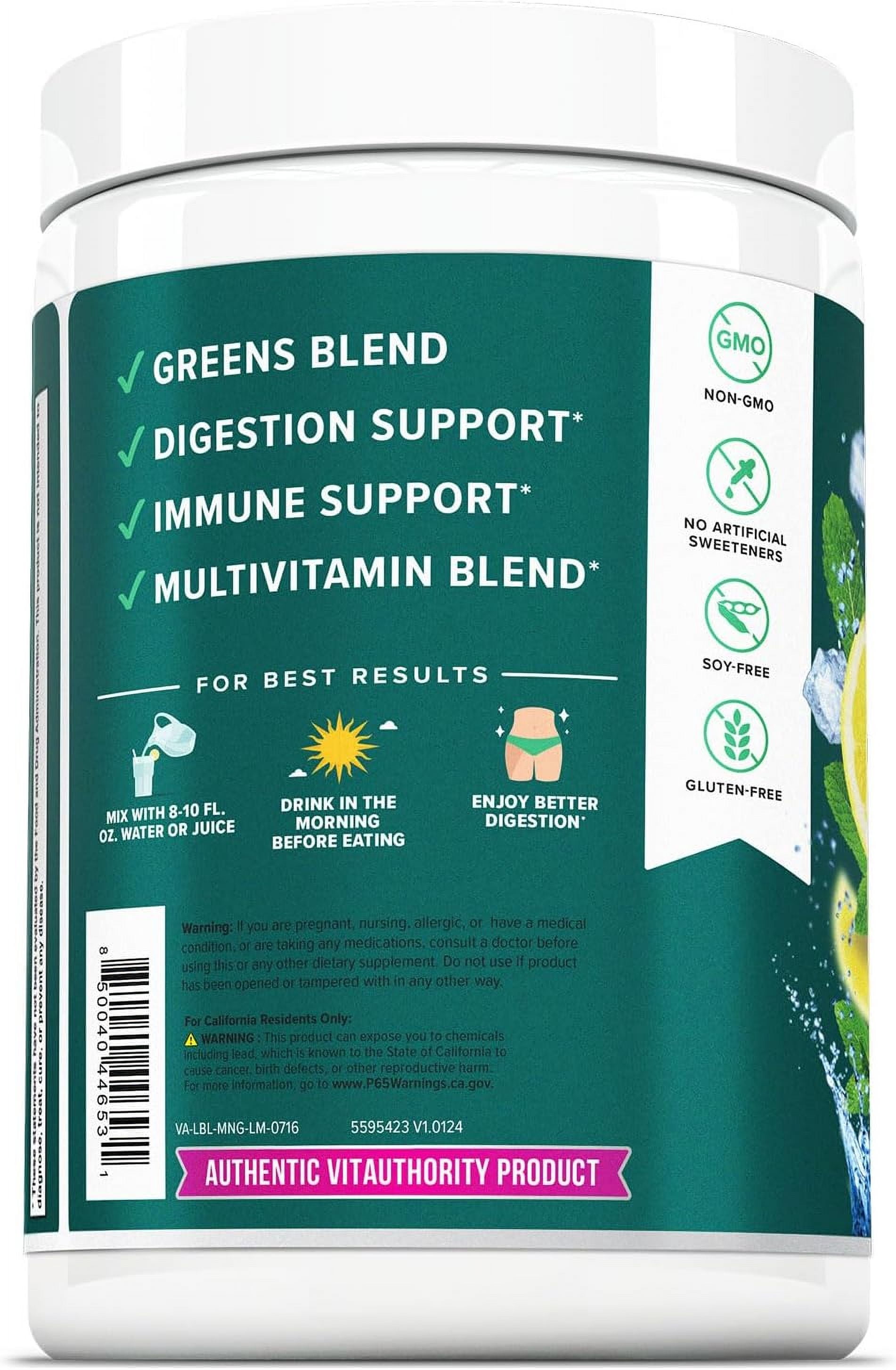 Vitauthority Vita Greens Superfood Dietary Supplement Powder, Daily Multivitamin, Gut Health & Immune Support Blend, Lemon Mint, 30 Servings