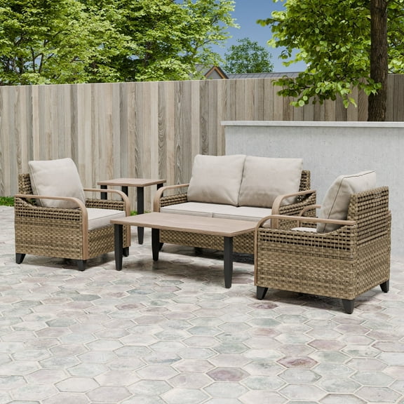 EAGLE PEAK Modern Wicker Outdoor Patio Furniture Set, 2 Chairs, 2-Seat Loveseat, Coffee Table and Side Table, 5 Pieces, Brown/Gray