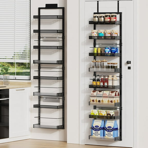 8-Tier Over the Door Pantry Organizer, Large Door Spice Rack with Adjustable Metal Baskets, Heavy Duty Hanging or Wall Mounted Storage Organizer for Kitchen Pantry and Room Wall