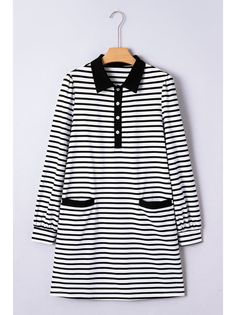 ZhiHiMeRi Women's White Striped Long Sleeve T-Shirt Dress with Pockets | XL