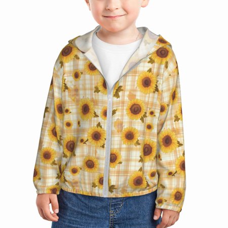 

Gaeub Coffee Plaid Sunflower Print Athletic Sun Protection Hoodie for Kids Long Sleeve Outdoor UV Shirt Running Fishing Top for Boys Girls-18 Months