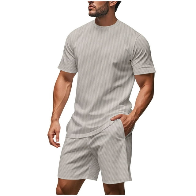 Pantalones Elásticos de Cintura para Hombre, Nuevo Estilo de Color Sólido, Cuello Redondo con Cordón Superior de la Cintura Pantalones Cortos Conjuntos