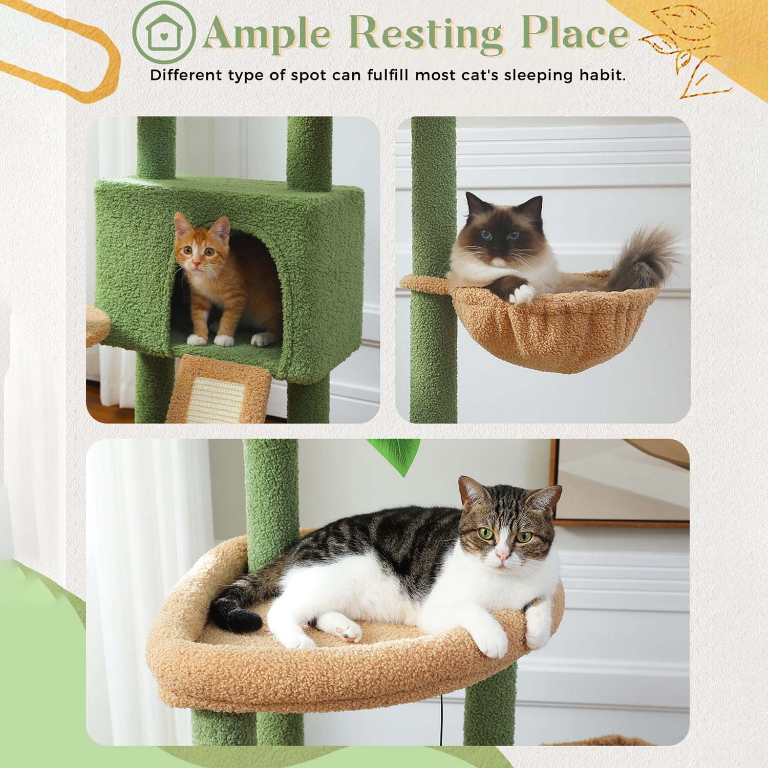Pefilos 53" Cat Tree for Indoor Cats, Large Condo, Sisal Scratching Posts, Hammock & Perch, Fresh Cactus Design, Sturdy, Multi-Level, Green