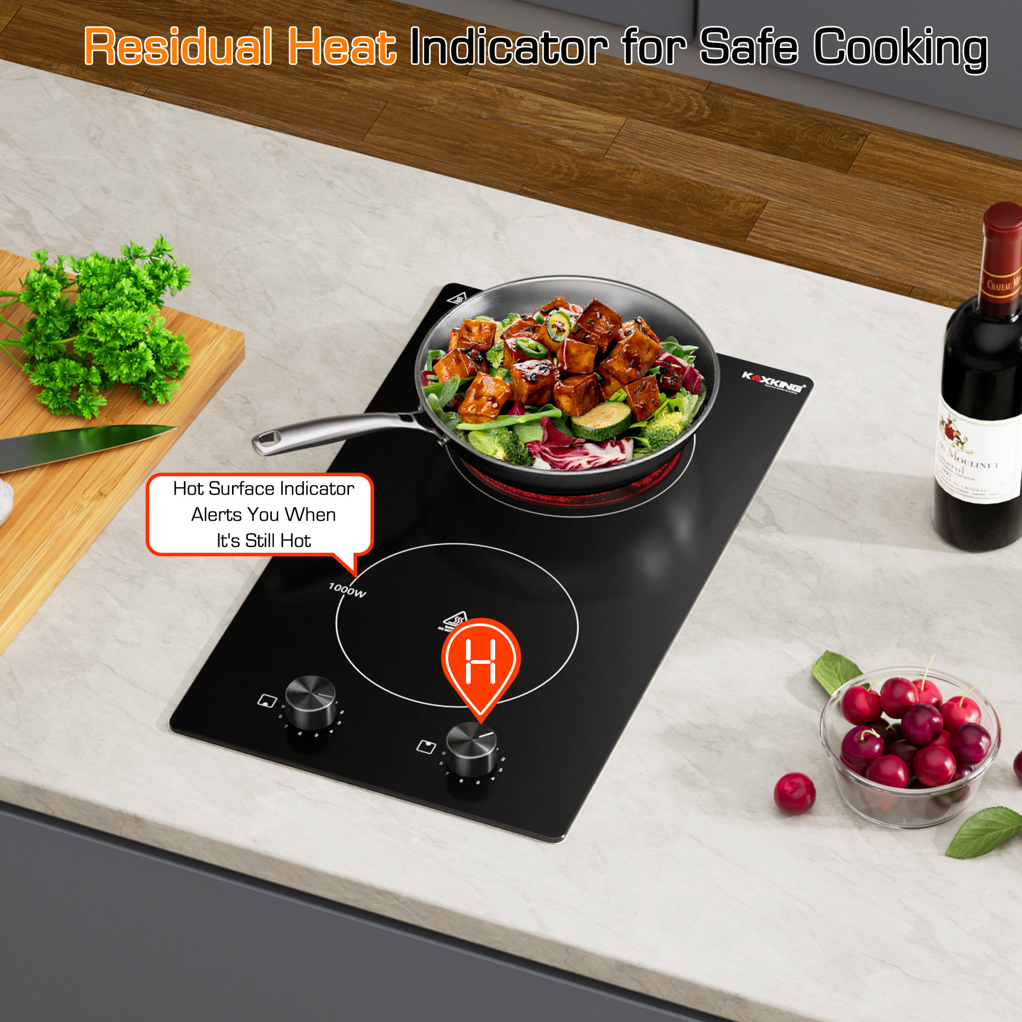 12 Inch 2 Burner Electric Cooktop, 1800W Ceramic Electric Stove Top, 120V Plug-in Radiant Countertop & Built-in Cooktop, 11 Heat Levels, Knob Control, Residual Heat Indicator