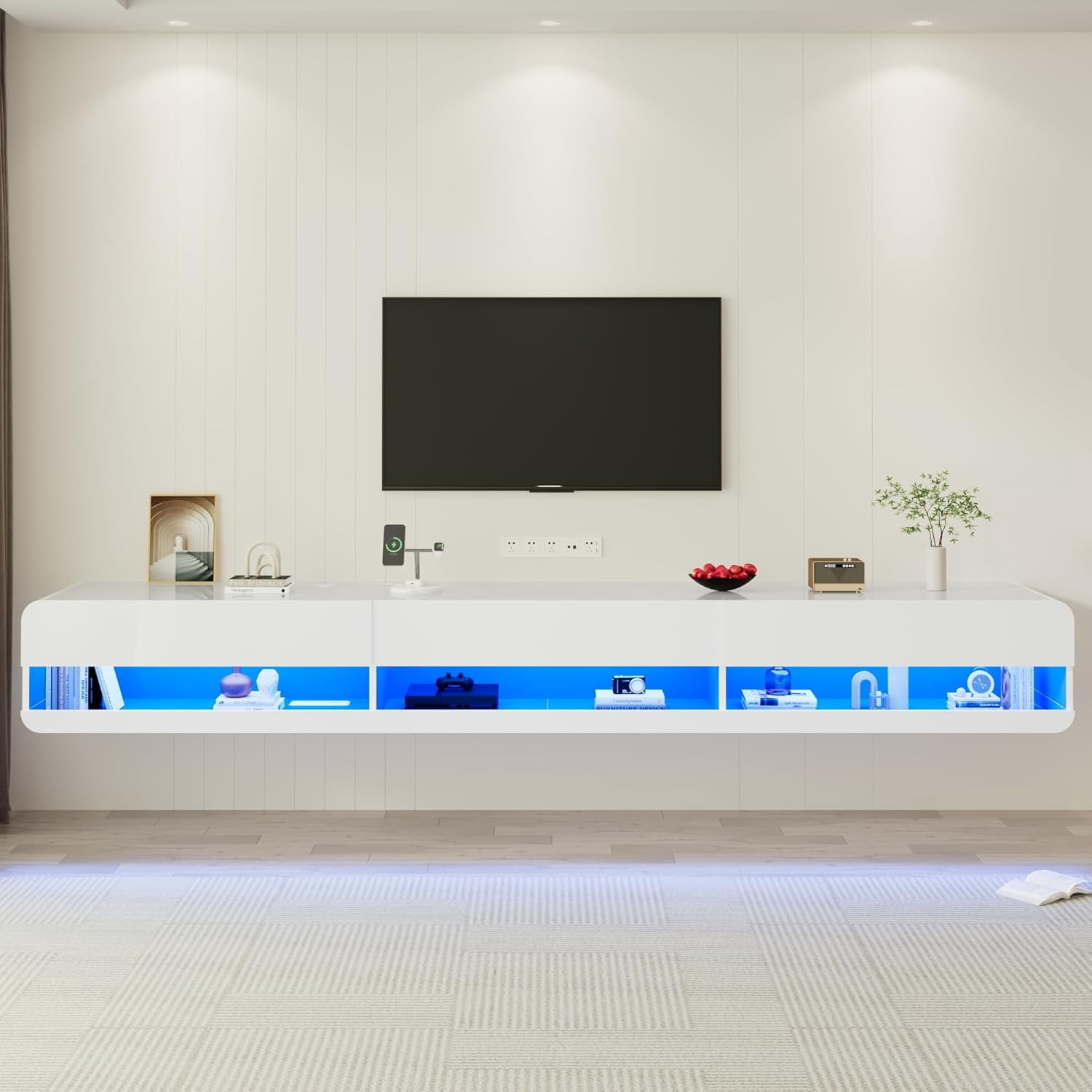 Anpoo 94.5'' Modern Floating TV Stand for TVs up to 100'' TV, LED High Gloss Entertainment Center with Storage & Power Outlet, TV Console with 20 Color Changing Lights for Living Room Bedroom, White