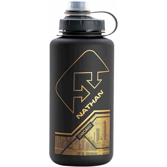 Nathan Big Shot Narrow Mouth Water Bottle – Black/Gold Frosted Chicago Edition, 32 oz / 1 L, Tritan® Plastic, BPA-Free, Leak-Proof Screw Cap, Tethered Lid