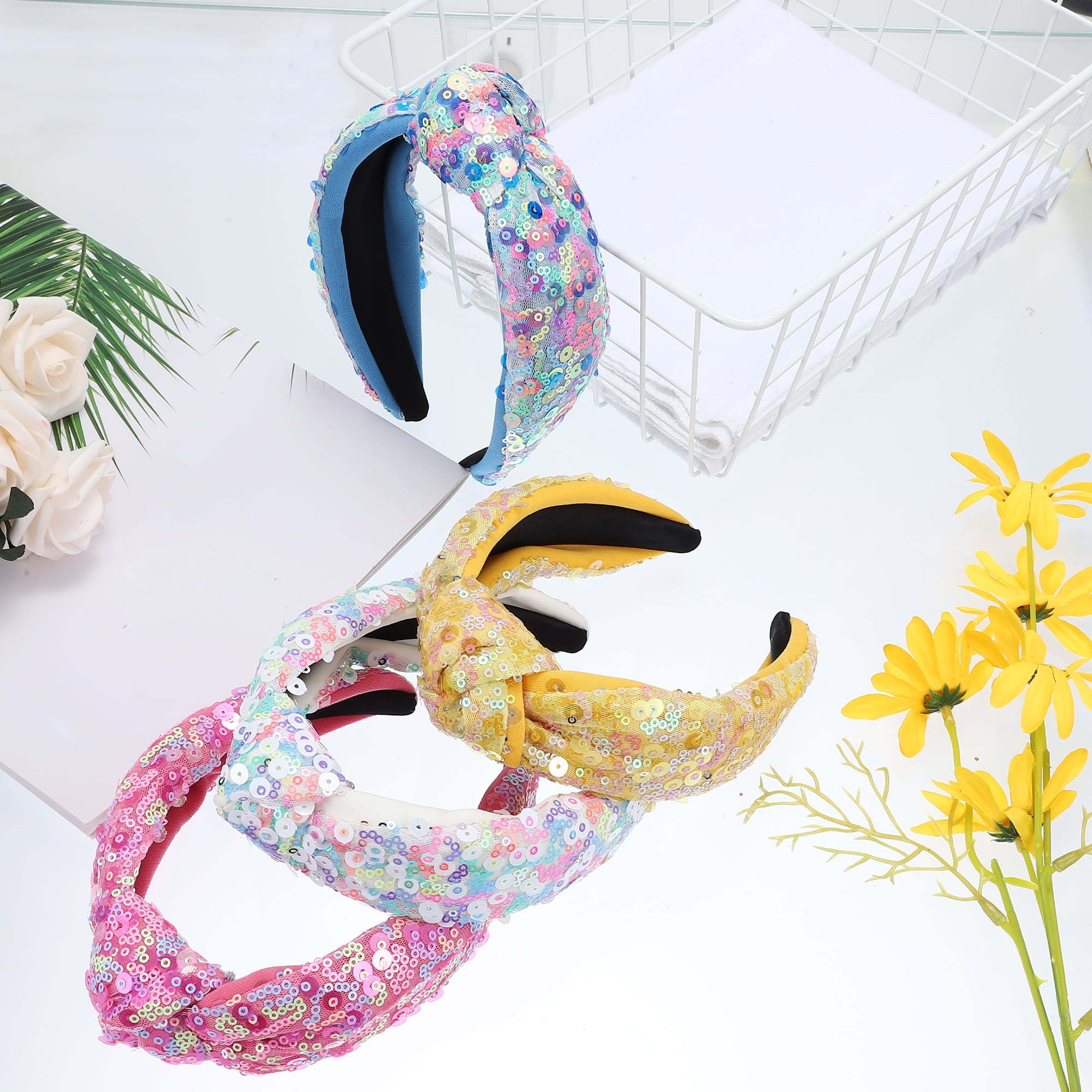 Unique Bargains Cute Sequined Hairbands for Women Yellow