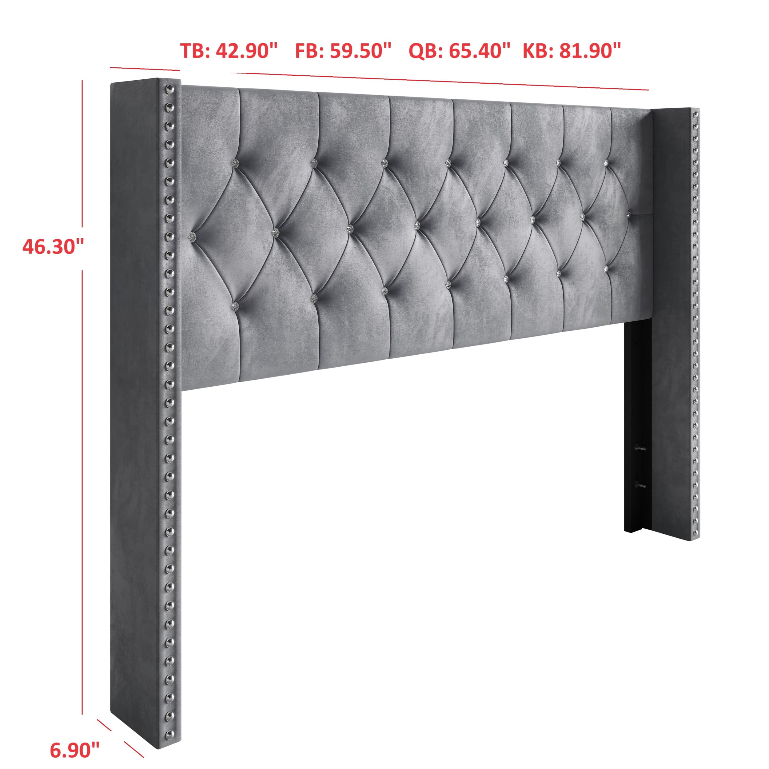 Home Design Gretna King Wingback Tufted Upholstered Headboard with Nailhead Trim, Silver Gray