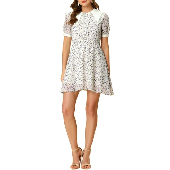 MODA NOVA Junior's Doll Collar Lace Decor Button Up Mini Floral Dress