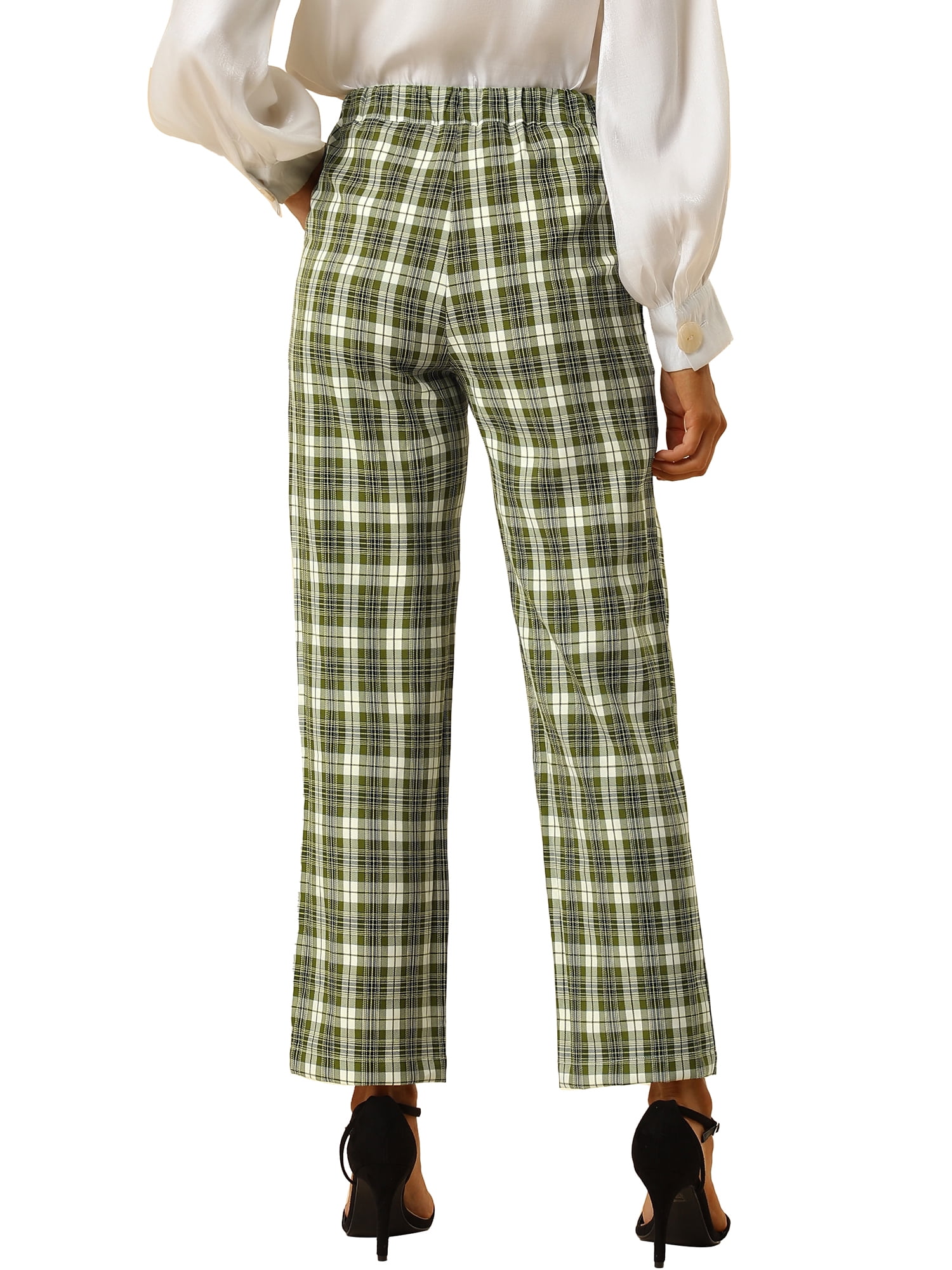 DARING DIVA Women's Plaid Trousers Pockets Straight Leg Casual Pant S Green
