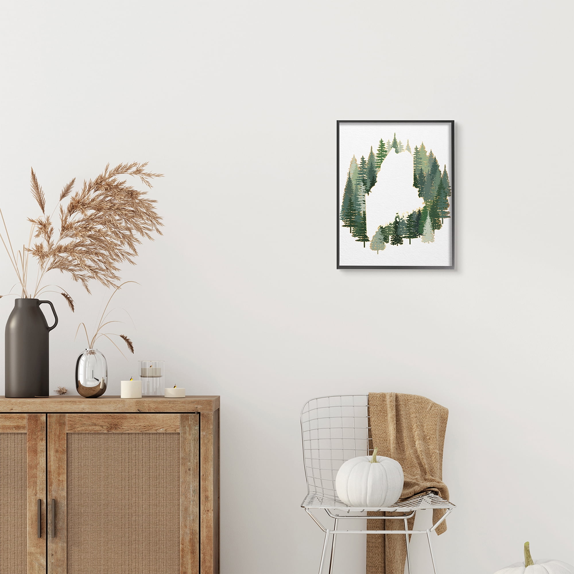 Stupell Industries Maine State Outline Green Forest Pine Trees Town & City Painting Black Framed Art Print Wall Art, 16 x 20