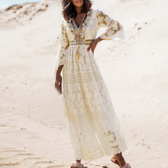 Njagoc3 Womens Long Sleeve V - Neck Printed Maxi Dress, Boho Casual Gown, Summer Beach & Vacation Wear