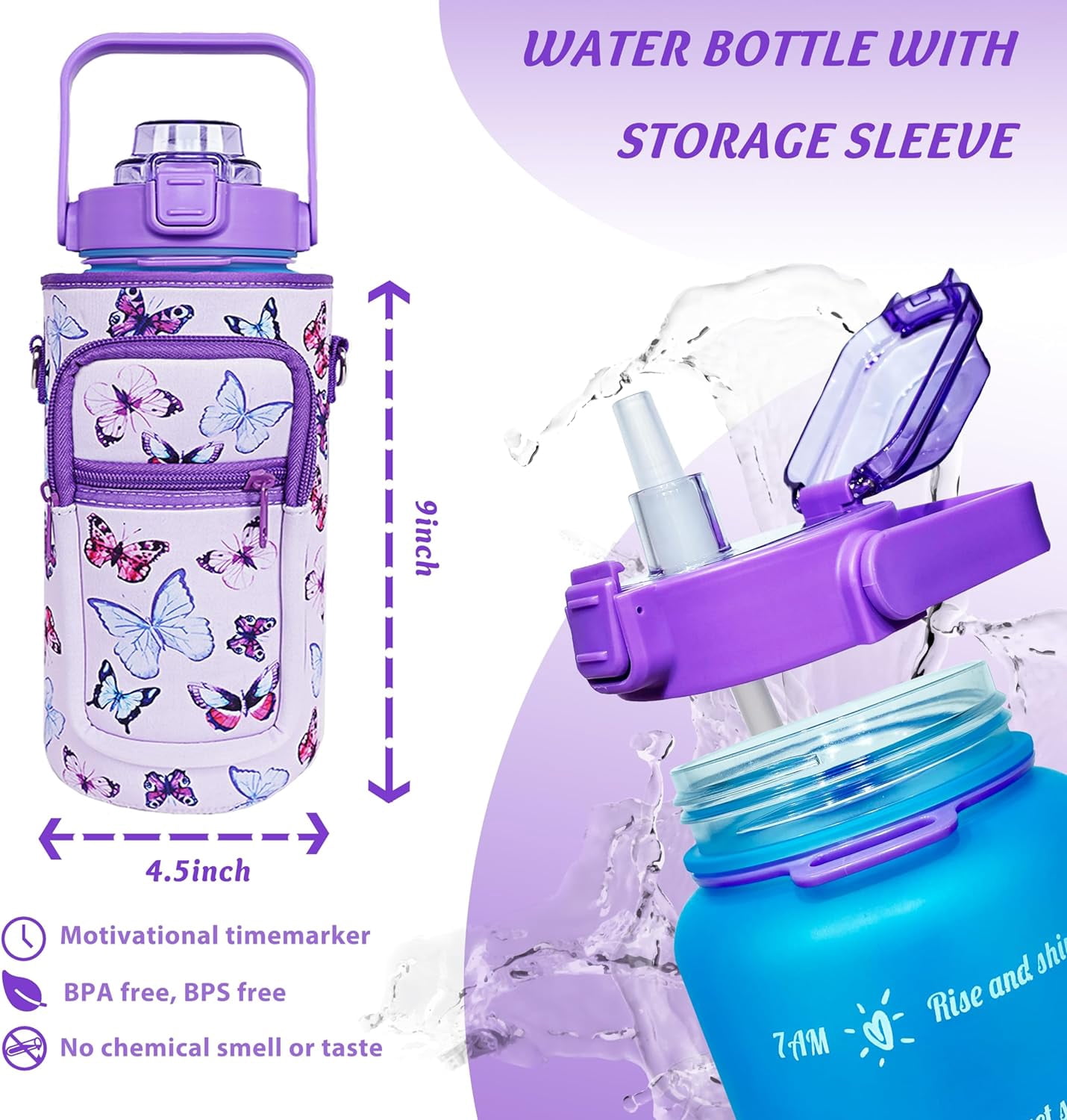 64 oz Water Bottle with Straw Sleeve & Strap Motivational BPA Free Half Gallon Water Jug with Handle for Gym Women Men Aesthetic Water Bottle with Strap Butterfly