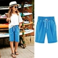 thumbnail image 2 of LLYwey Girls Casual Bermuda Shorts - Toddler High Waisted Summer Shorts - Kids Solid Comfy Drawstring Elastic Waist Short Pants with Pockets, New-Md60, Blue, 12-13T, 2 of 7
