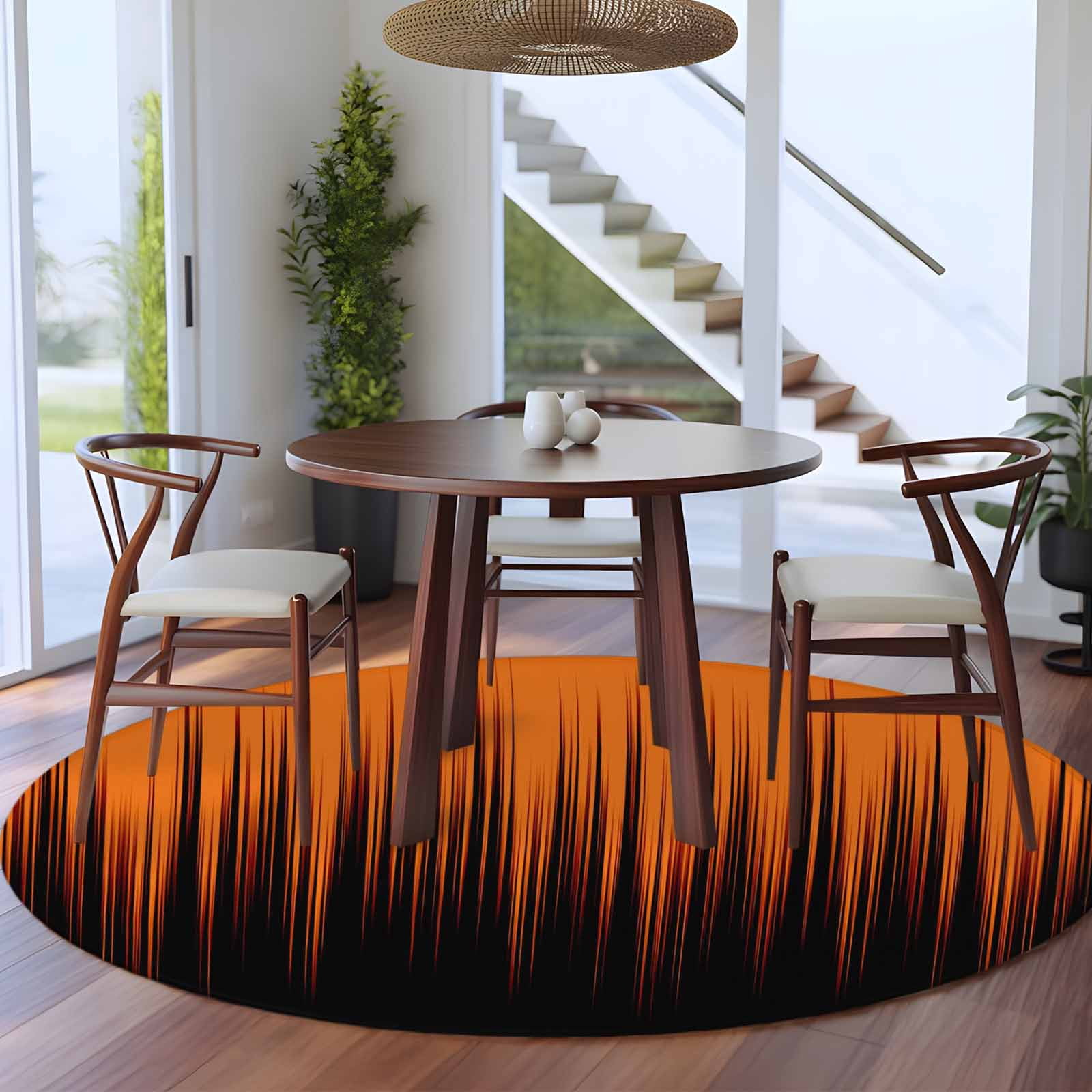 Round Area Rugs Collection 7 Ft, Burnt Orange Black Ombre Non-Slip Residential Carpet, Modern Abstract Striped Gradient Indoor Crawling Mats Runner Rugs for Living Room/Dining Room/Bedroom