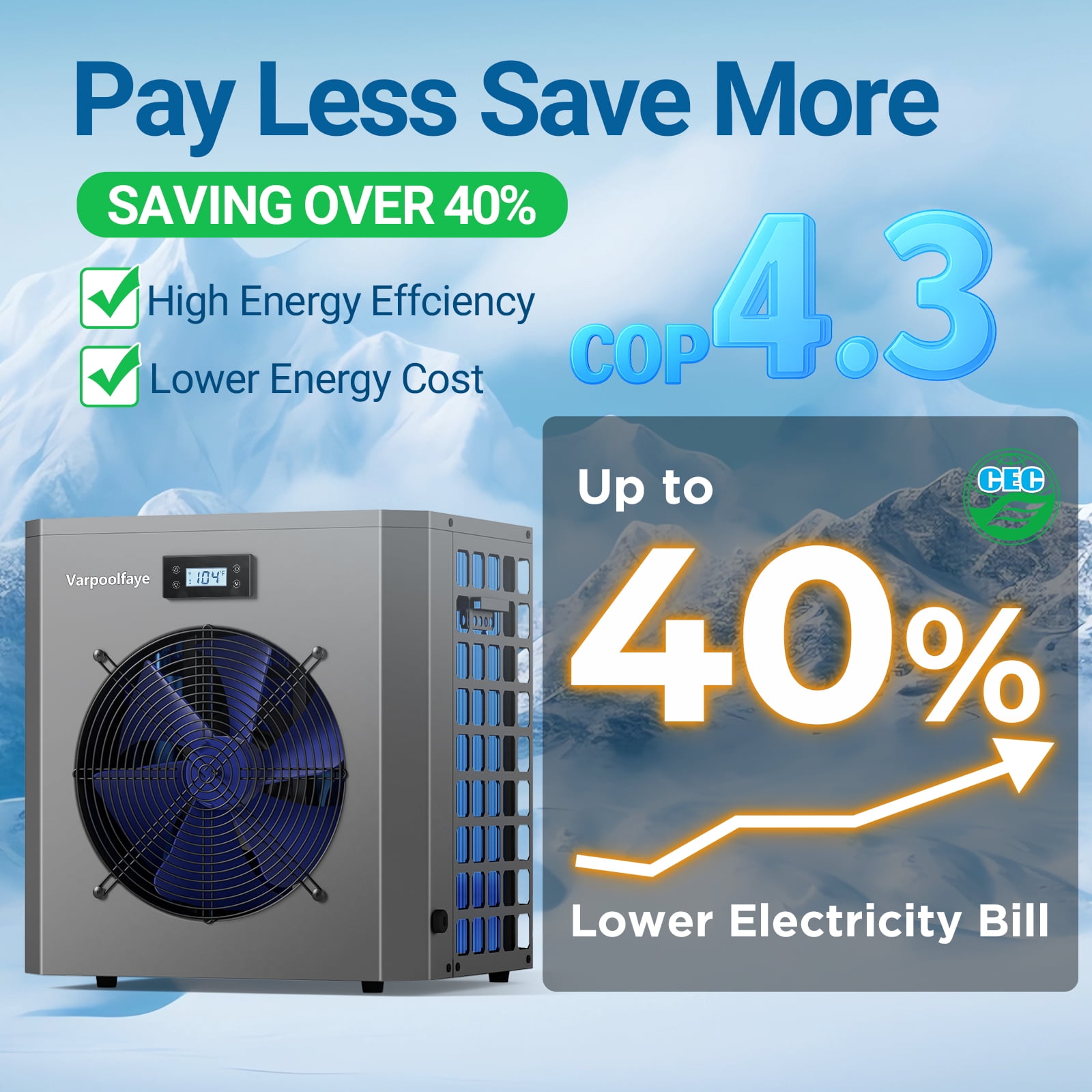 16000 BTU Electric Pool Heater for Above Ground Pool Swimming Pool Heat Pump 5000 Gallon Pool Heater 120V Heating Cooling WiFi Control 60Hz Spa