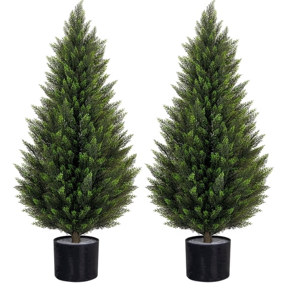 ROMSWI Artificial Cedar Tree 2 Pack 3 ft Tall Faux Cedar Topiary Plant Fake Lifelike Potted Pine for All-Season Home Office Porch Entryway Decor