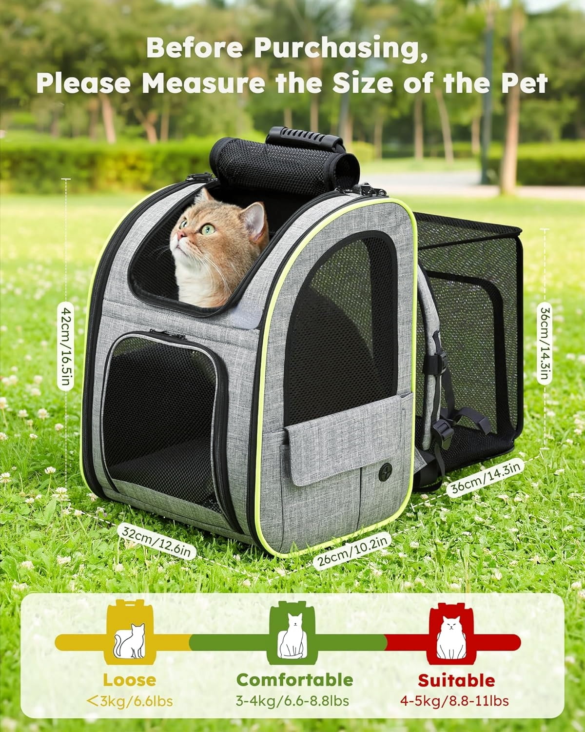 Foldable Pet Backpack in Gray for Cats and Small Dogs Up to 11lbs with Airy Mesh
