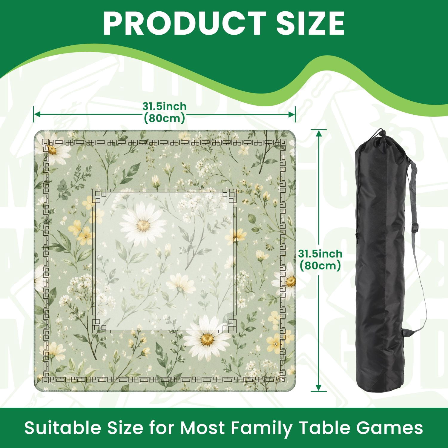 Mahjong Mat 31.5" x 31.5" Floral Daisy Wildflowers Pastel Green Non-Slip Noise Reduction American Mahjong Tiles Table Cover for Dominoes Poker Card Board Games Gift