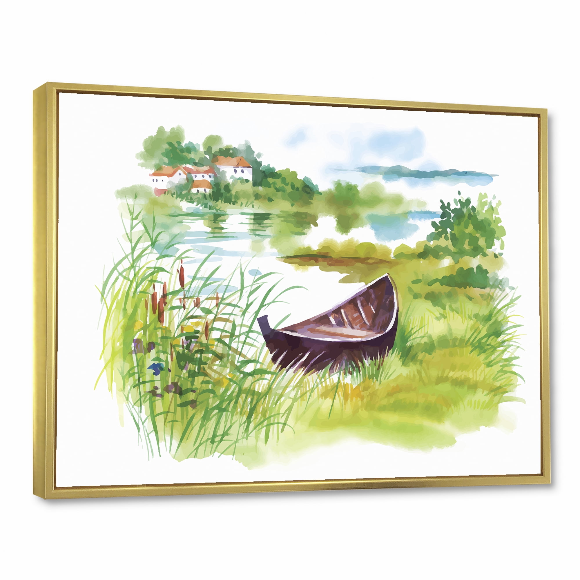 Designart 'Rural Green Landscape With Boat In Lake' Lake House Framed Canvas Wall Art Print