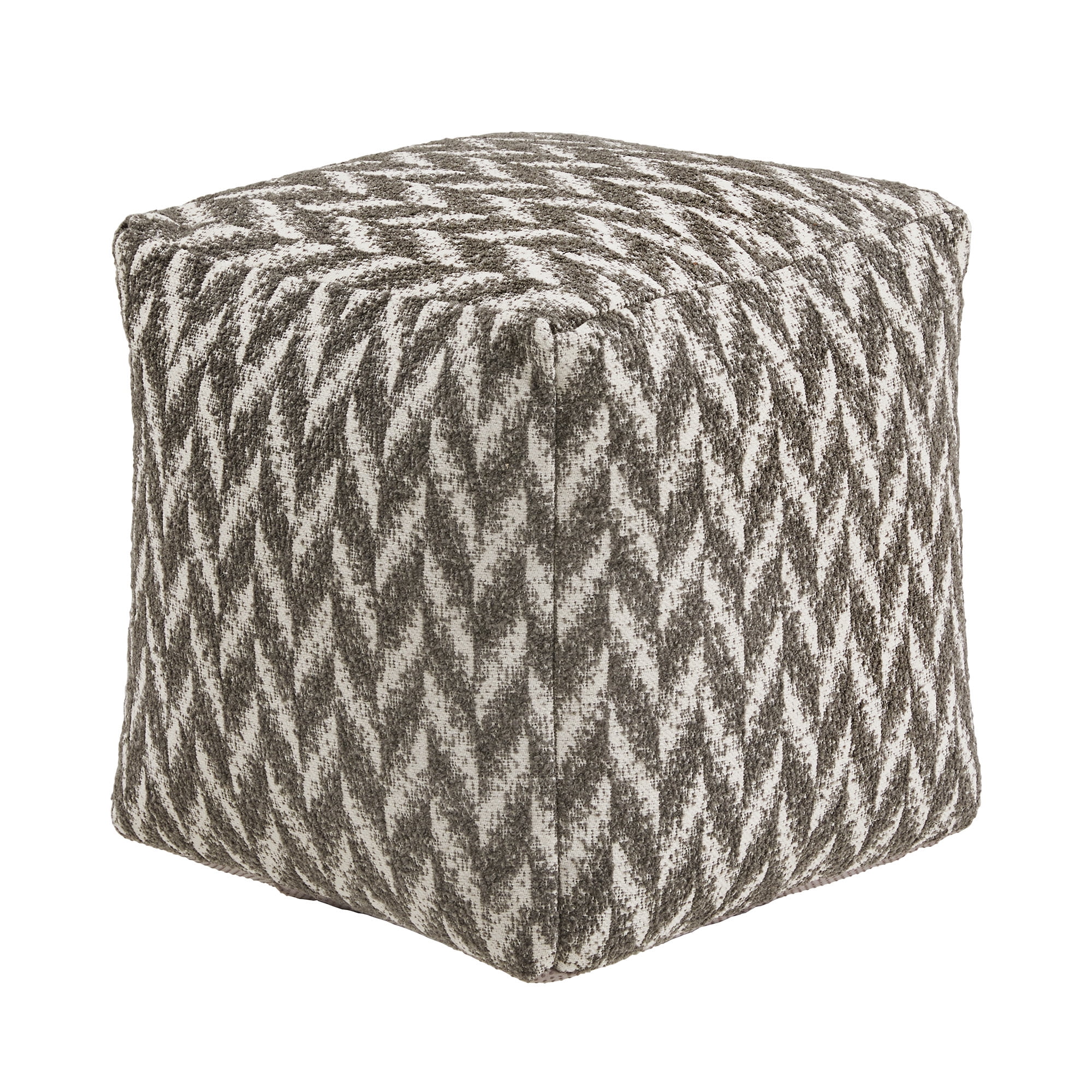 Weston Home Dinant Upholstered Square Pouf Ottoman, Grey & White Herringbone Pattern Fabric