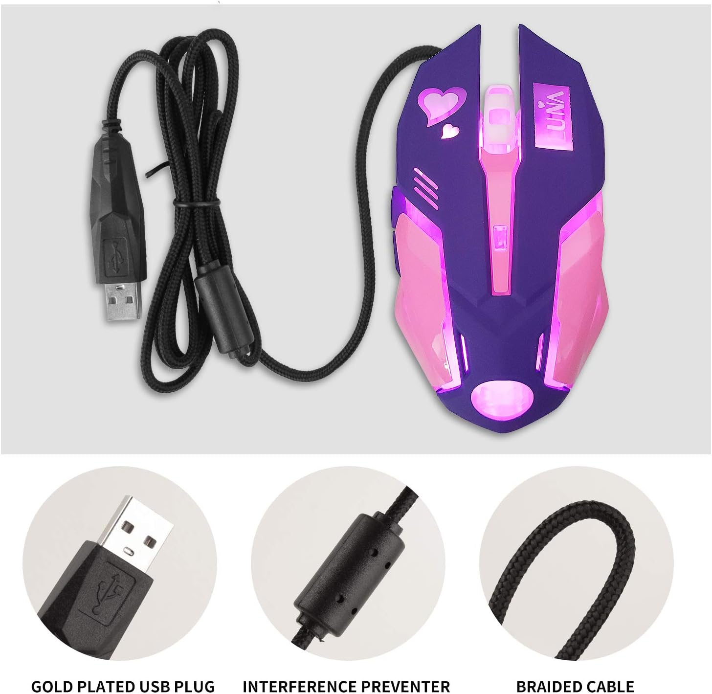Lovely Wired USB Computer Mouse,7 Colors Backlit,Silent Buttons,3200 DPI,for MacBook,Computer PC,Laptop