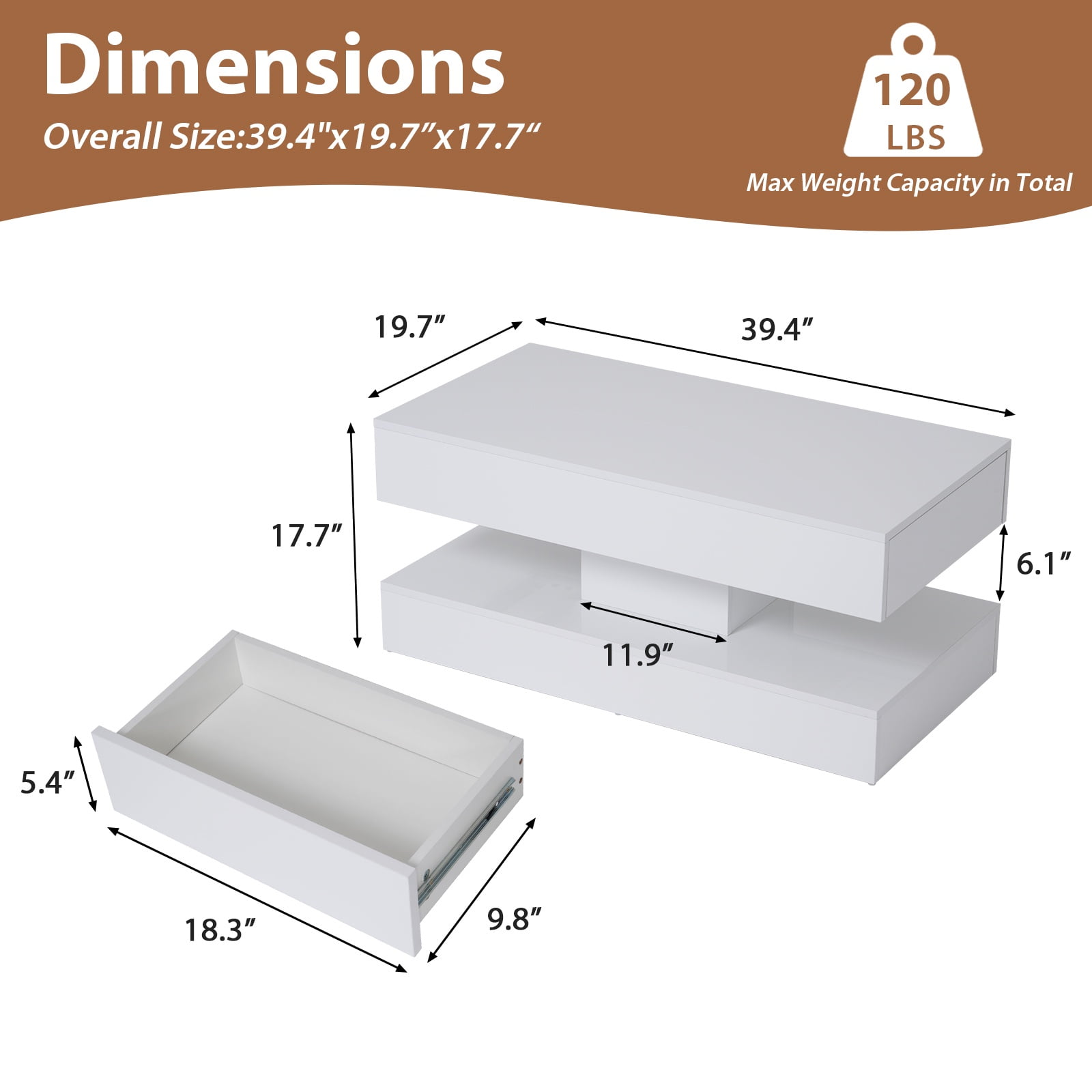 JOIVI High Gloss Coffee Table with 2 Storage Drawers, Modern LED Coffee Table, 2 Tiers Rectangle Center Table, 16-Color LED Lights, White