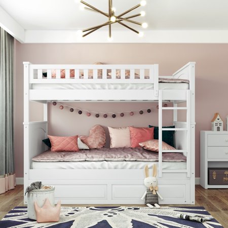 Full Over Full Bunk Bed with Twin Size Trundle White White