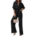 thumbnail image 2 of sunsanly 2 Pcs/Set Women Shirt Pants Set Turn-down Collar Long Sleeves Loose Drawstring Elastic Waist Solid Color Breathable Soft Wide Leg Casual Homewear Sports Spring T-shirt Trousers Set, 2 of 8