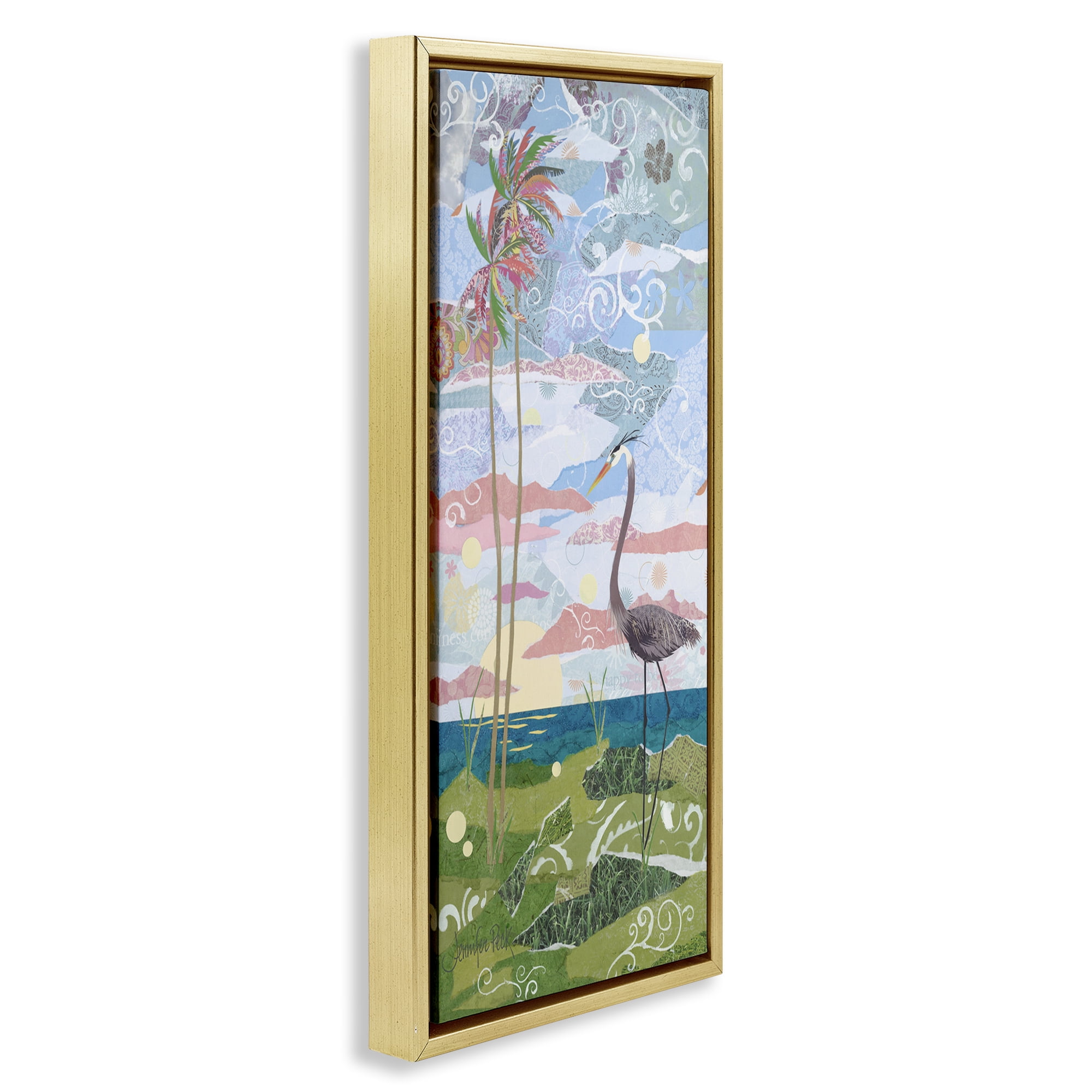 Stupell Industries Crane & Swirled Landscape Landscape Painting Gold Floater Framed Canvas Art Print Wall Art, 11 x 25
