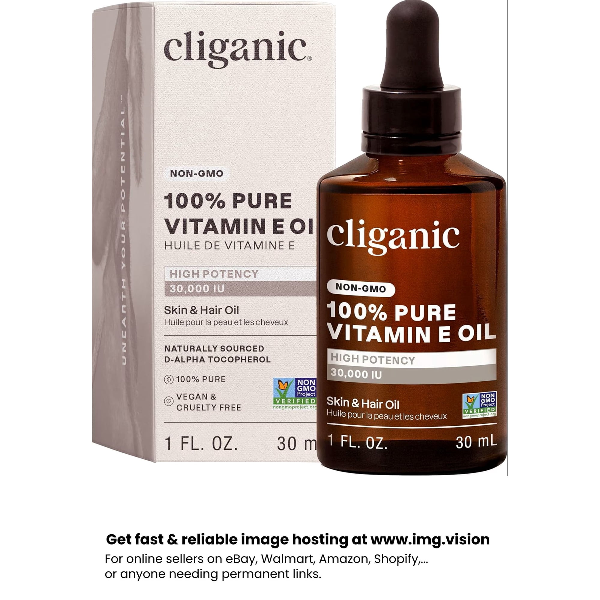 Cliganic Pure Vitamin E Oil Natural Multitasking Treatment for Face & Hair 30000 IU, 1 fl oz