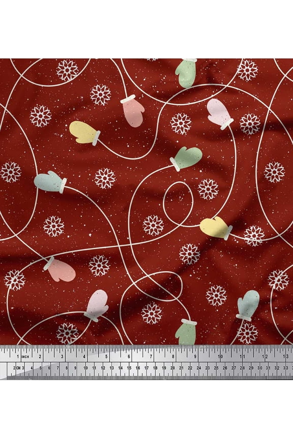 Red Viscose Chiffon Fabric Mandala & Gloves Kids Printed Craft Fabric by the Yard 42 Inch Wide