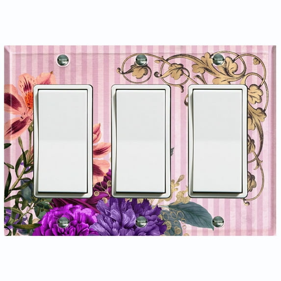 Metal Light Switch Plate Outlet Cover Elegant Pink Floral Striped Damask FLW075