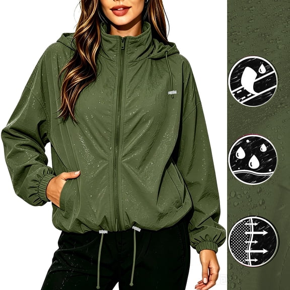 Womens Hiking Windbreaker Baeitkot Womens Jackets Zip Up Outdoor Hiking Hooded Windbreaker with Pocket Army Green XXL