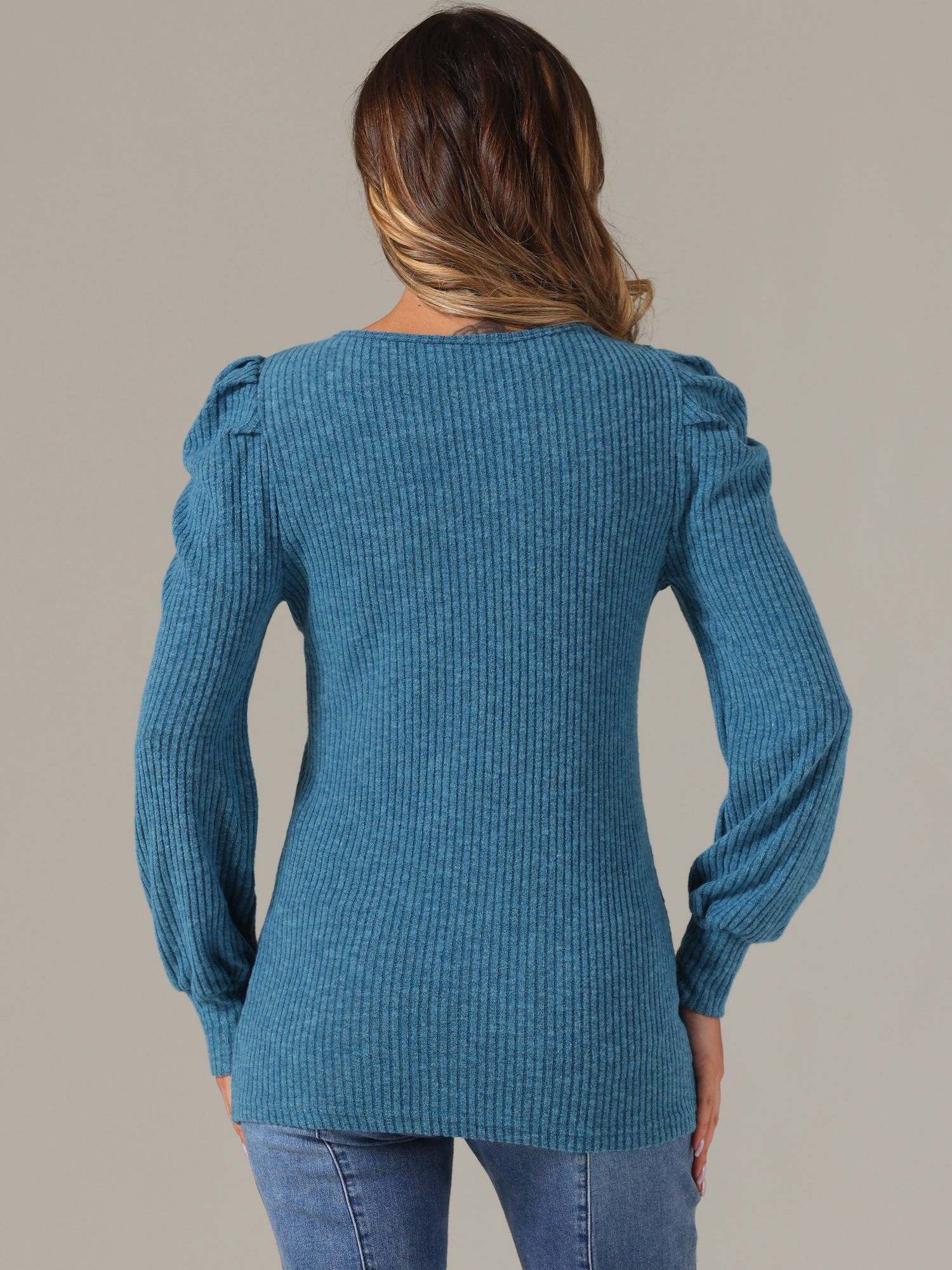 DARING DIVA Women's Puff Long Sleeve Tunic Tops Knit Crew Neck Shirt Blue S