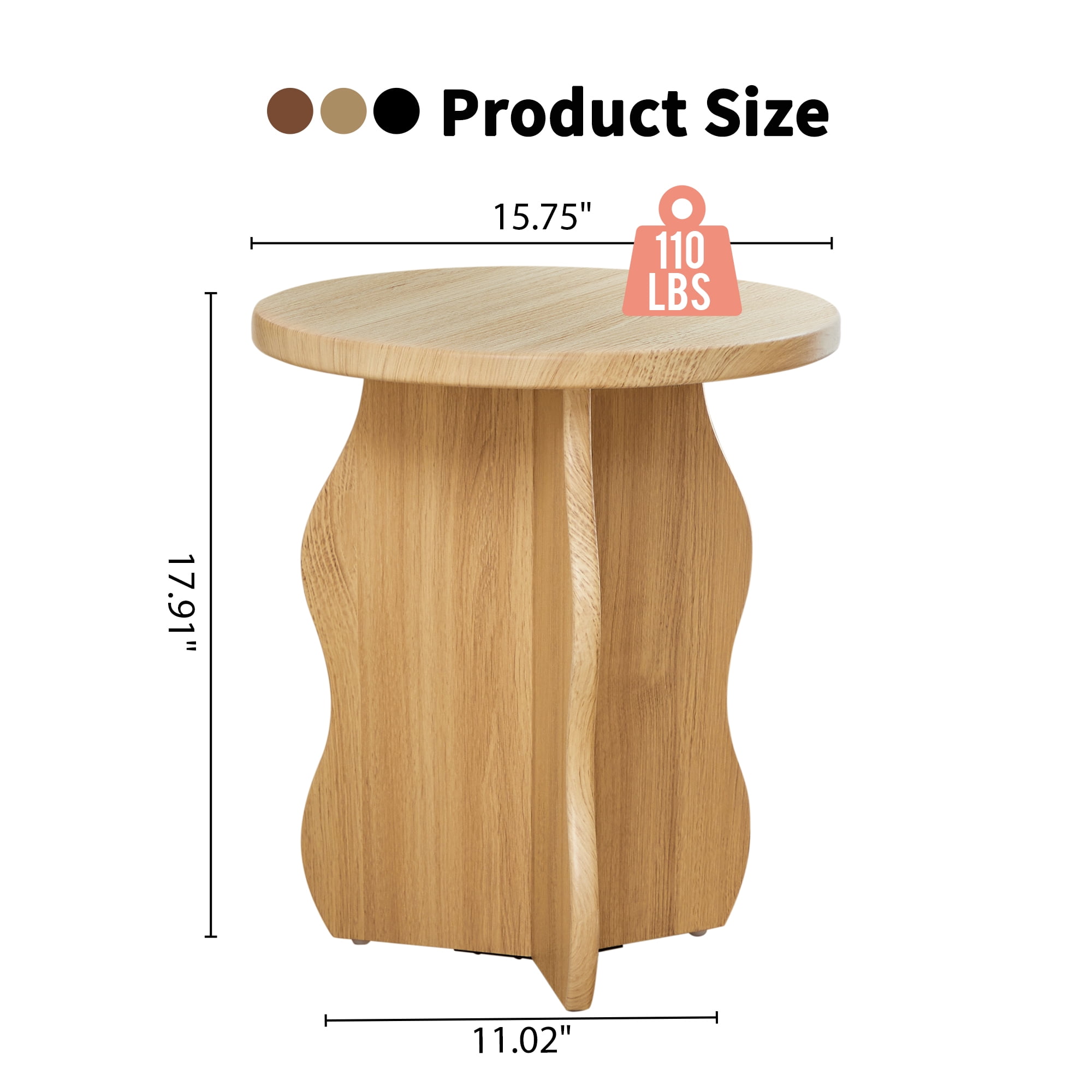 PHOYAL Round Small End Tables for Living Room Set of 2 with Wave Base, Side Table for Bedroom Small Space, Natural