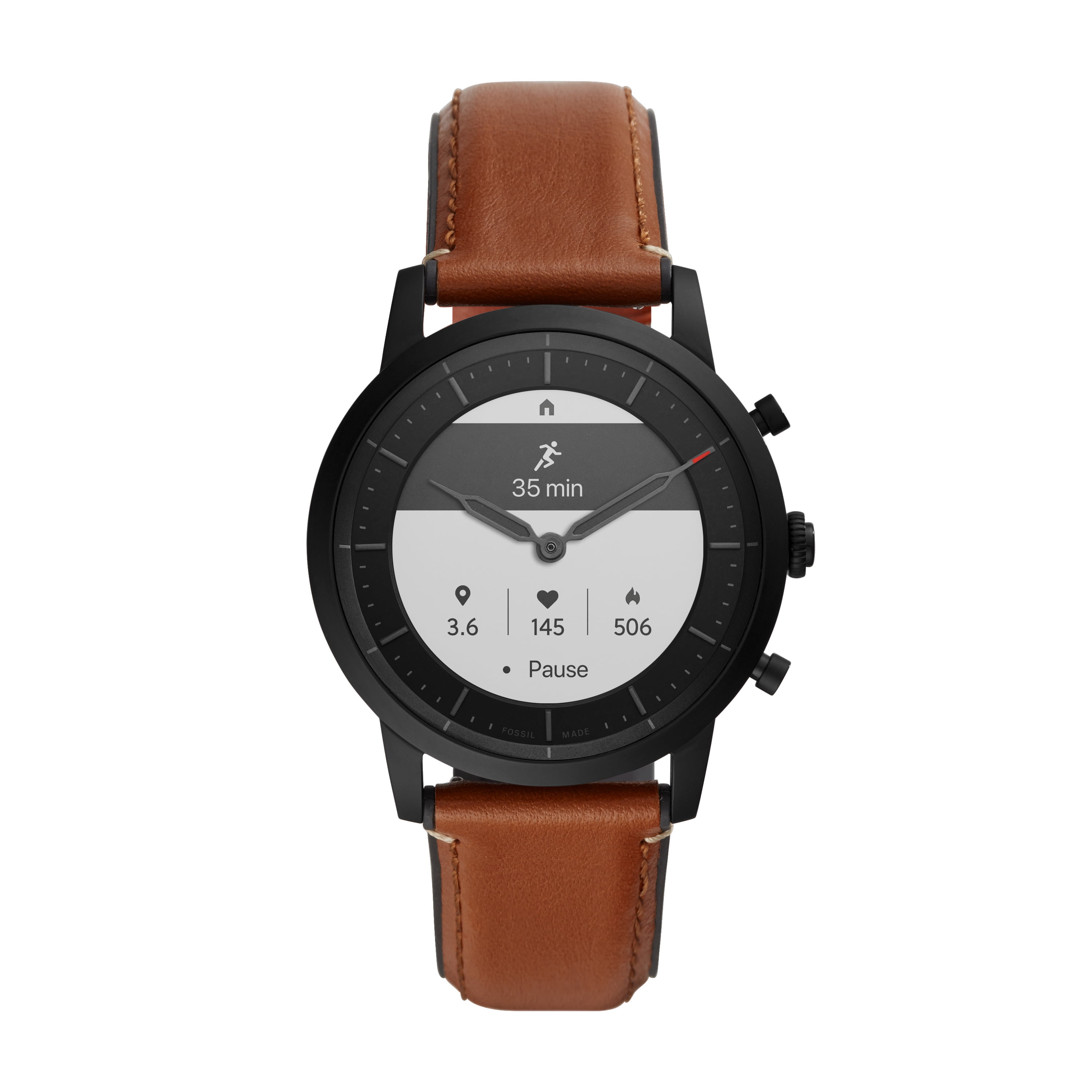 Fossil Men's Collider Hybrid Smartwatch HR Black-Tone Stainless Steel with Brown Leather Band, FTW7007