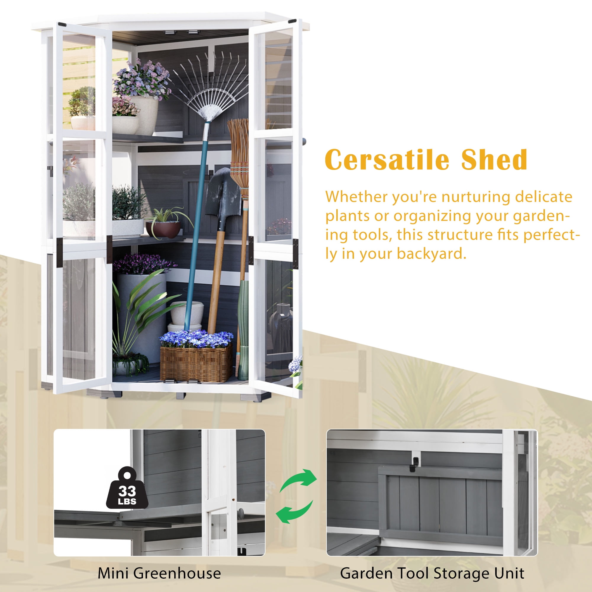 MAYEERTY 63'' Garden Wood Storage Cabinet – Outdoor Tool Shed & Mini Greenhouse with Lockable Door, Waterproof Roof, and Adjustable Shelves