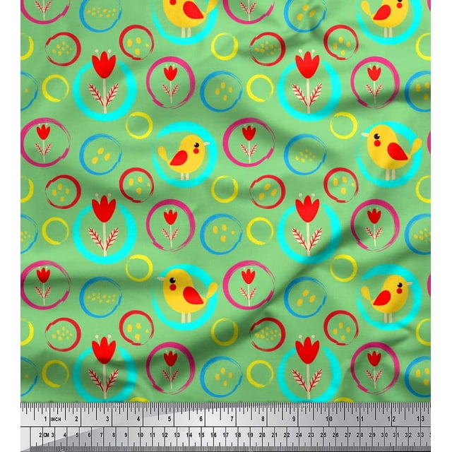 Soimoi Poly Georgette Fabric Floral,Circle & Bird Artistic Printed Fabric 1 Yard 42 Inch Wide