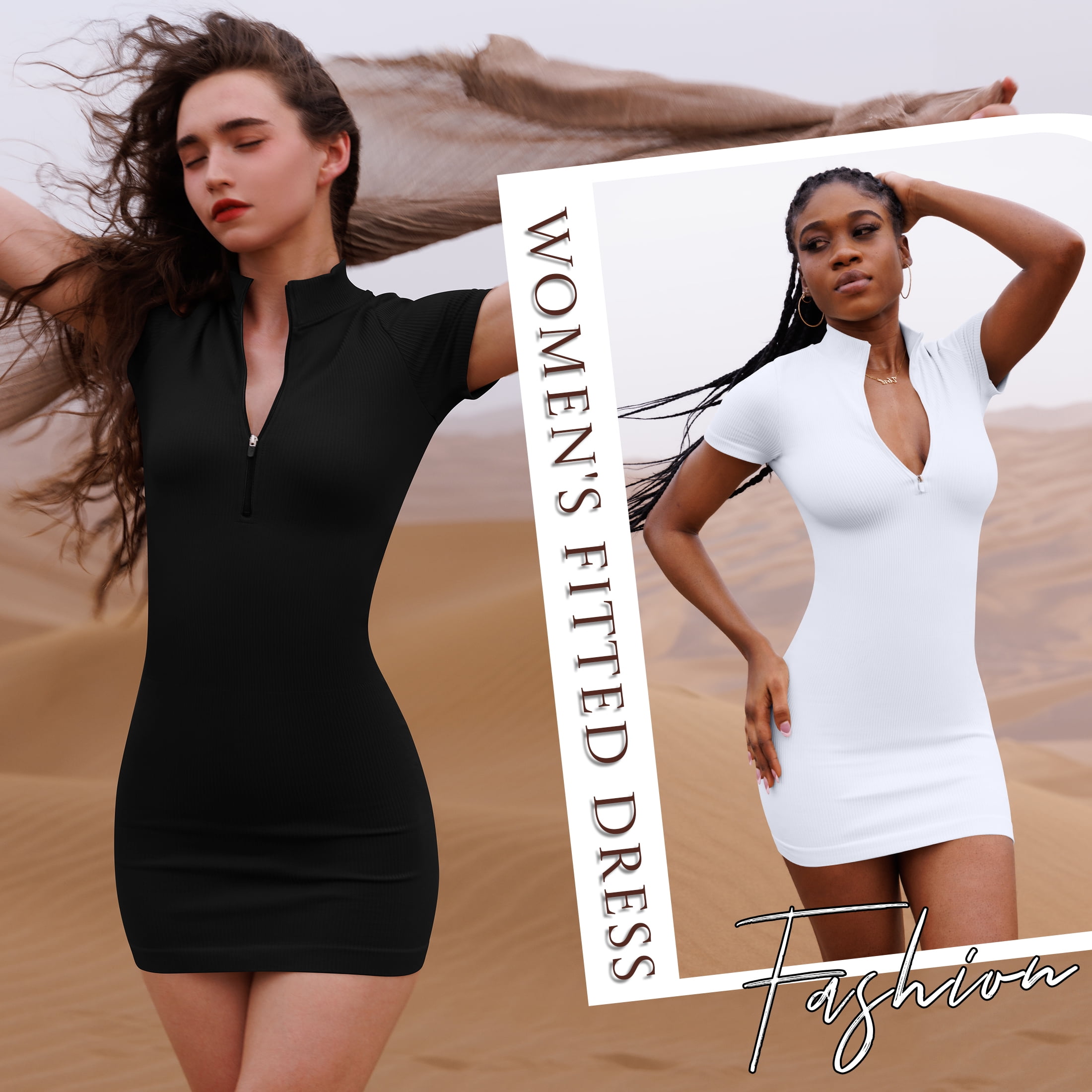 OQQ Women's 2 Piece Dresses Sexy Ribbed Zip Front Short Sleeve Stretch Tops Mini Dress