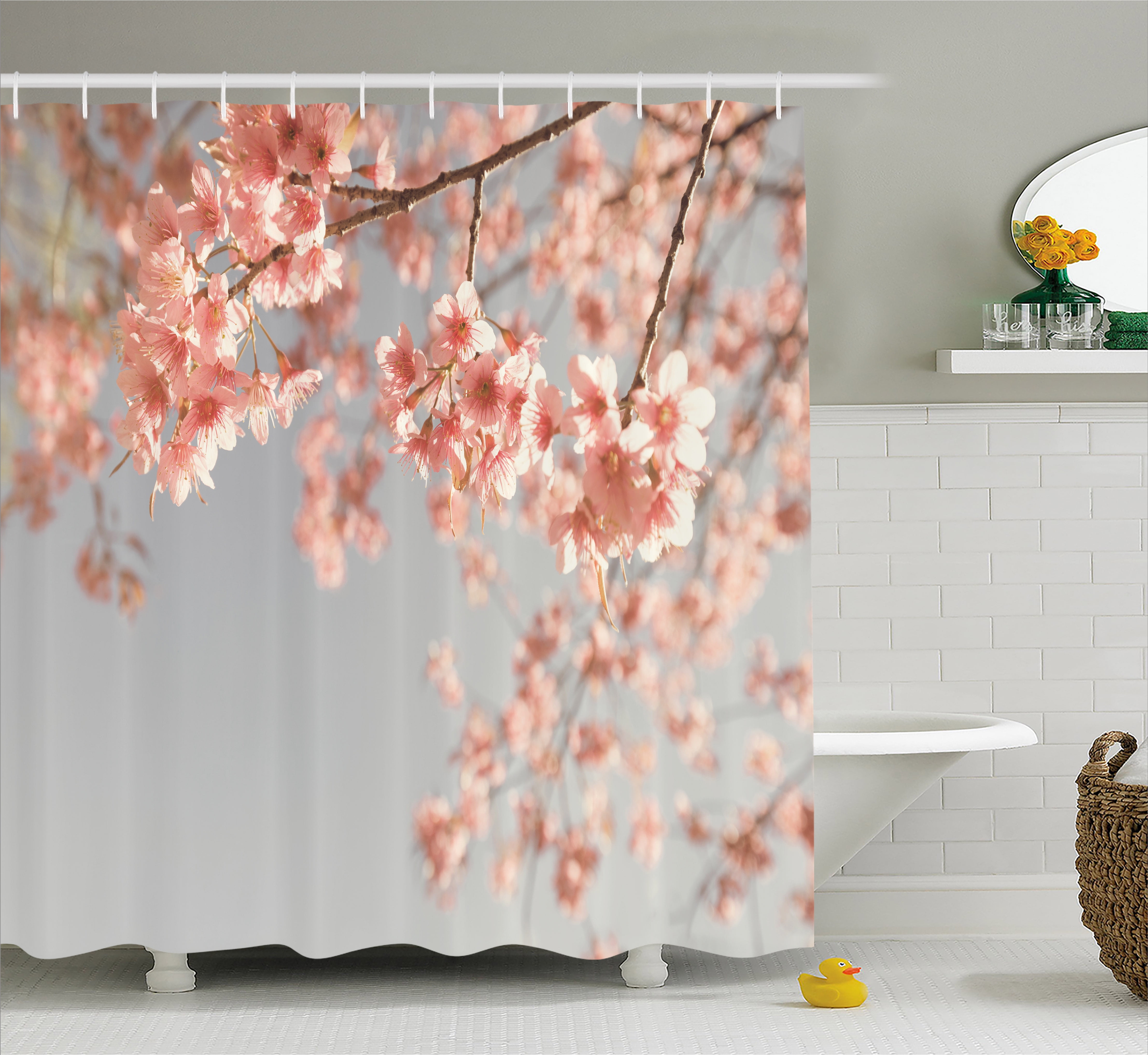 Peach Shower Curtain, Japanese Scenery Sakura Tree Cherry ...