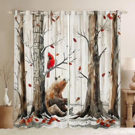 Manfei Watercolor Bear Cardinal Bird Curtains Pack of 2 (42x84 Each), Brown Branches Curtains Blackout, Fall Maple Leaves Living Room Curtains, Luxurious Room Decor