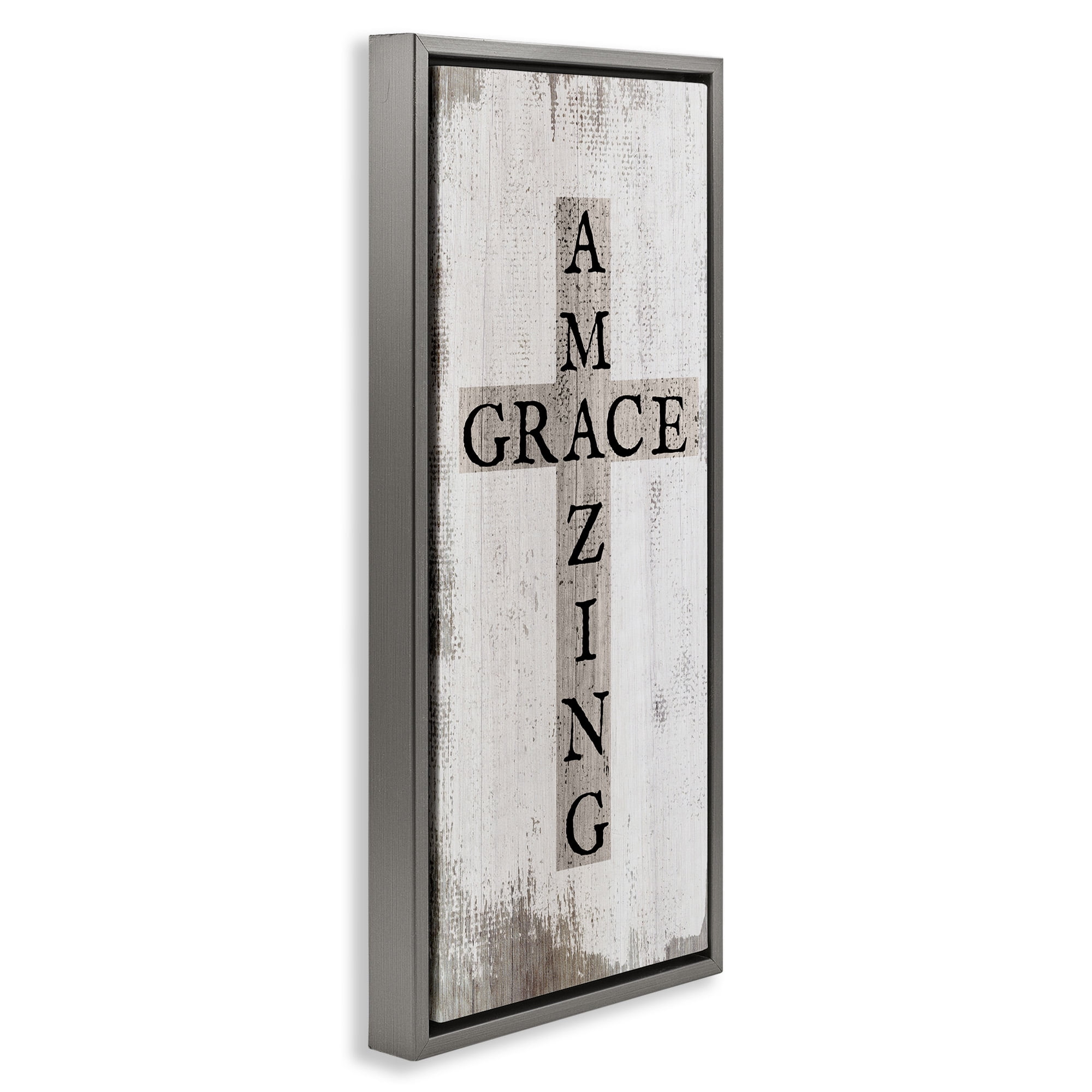 Stupell Industries Amazing Grace Rustic Cross Typography Painting Gray Floater Framed Canvas Art Print Wall Art, 11 x 25