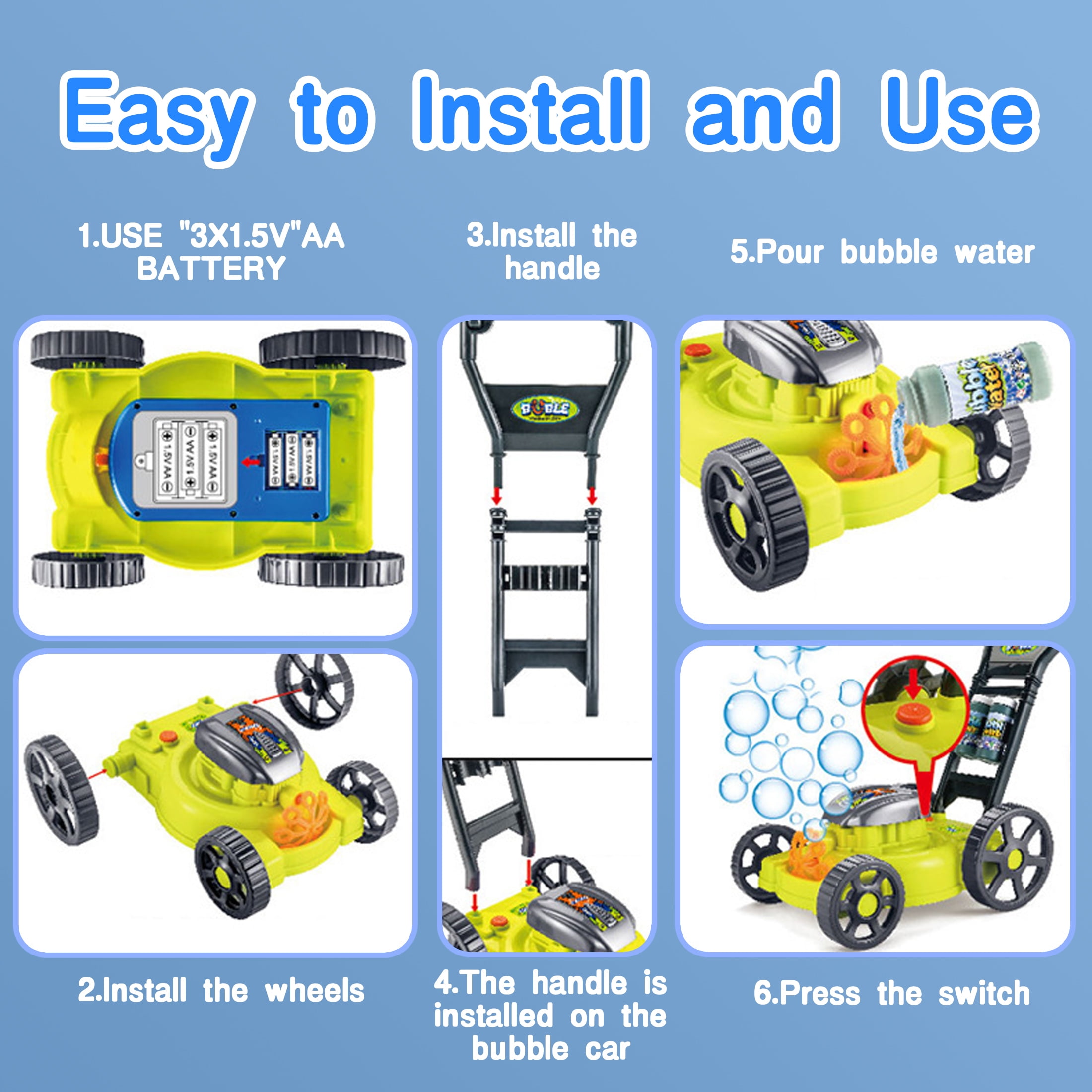 KOPPOP Bubble Lawn Mower - Bubble Machine for Outdoor and Indoor Use, Push Mower with Sound Effects and Bubble Blowing Function-bule