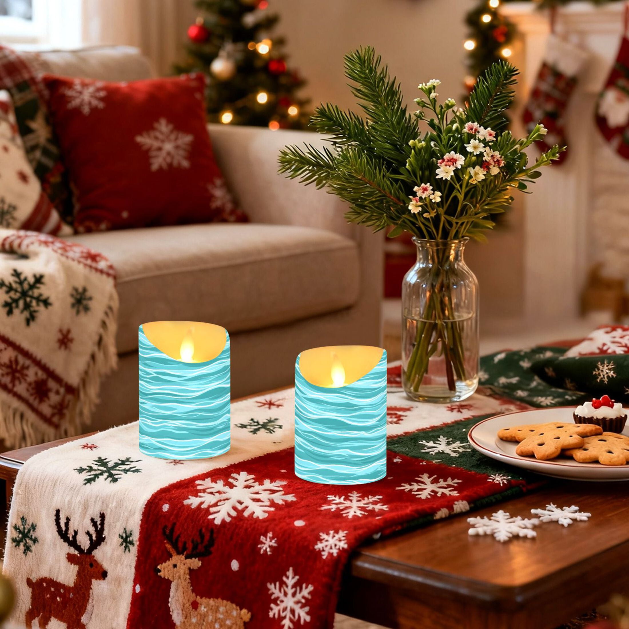 Teal Ocean Flameless Candles 2 PCS with Remote Realistic Moving Flame LED Tapered Pillar Set for Home Decor