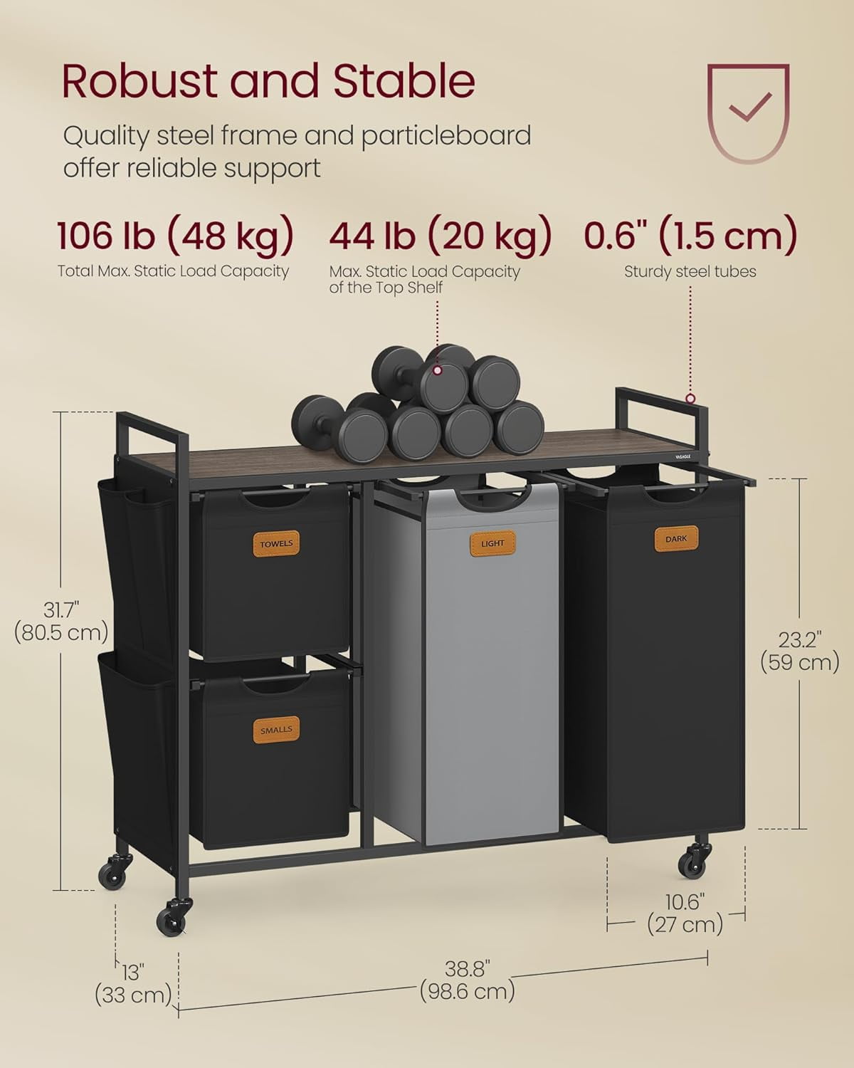 Laundry Hamper with 4 Compartments, 39.6 Gal. (150 L) Laundry Sorter, Rolling Laundry Cart 6 Labels, Chestnut Brown, Ink Black and Dove Gray
