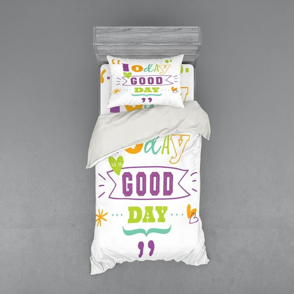 Saying Duvet Cover Set, Today is a Day Happiness Happy Moments Word Work Success Print, Bedding Set with Shams and Fitted Sheet, 3 Sizes, by Ambesonne