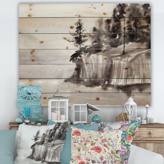 Designart 'Black & White Cliffs By The Lake' Nautical & Coastal Print on Natural Pine Wood