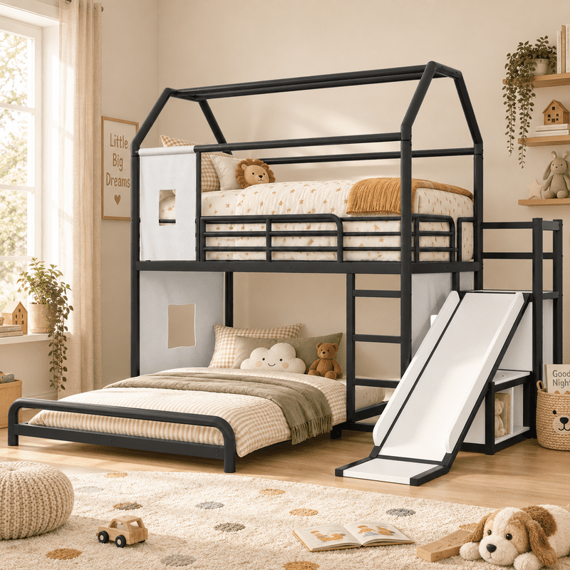 Twin over Full Metal Bunk Bed with Slide, Ladder, LED Light Strip, Privacy Curtain, Movable Storage Cabinet & Hanging Rod, House Shaped Kids Bunk Bed