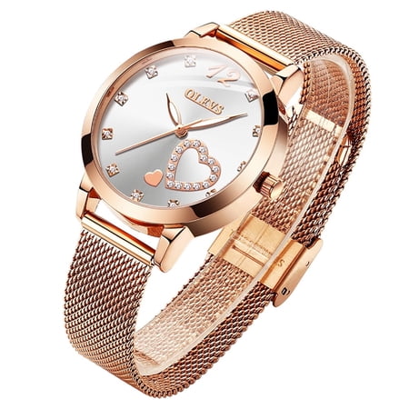 OLEVS Watches for Women Casual Dress Luxury Analog Quartz Mesh Strap Hearts Easy Read Waterproof Luminous Fashion Ladies Wrist Watches Gifts Relojes para Mujer White/Black